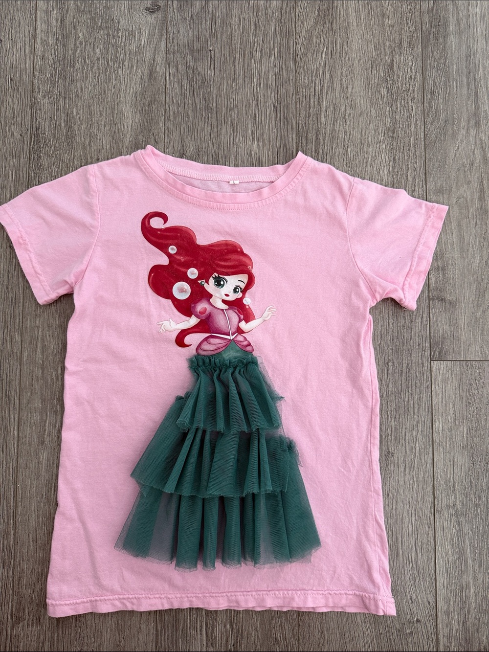 Disney Pink Tee with Ariel Mermaid Graphic and Green Tulle Skirt sz 4-5